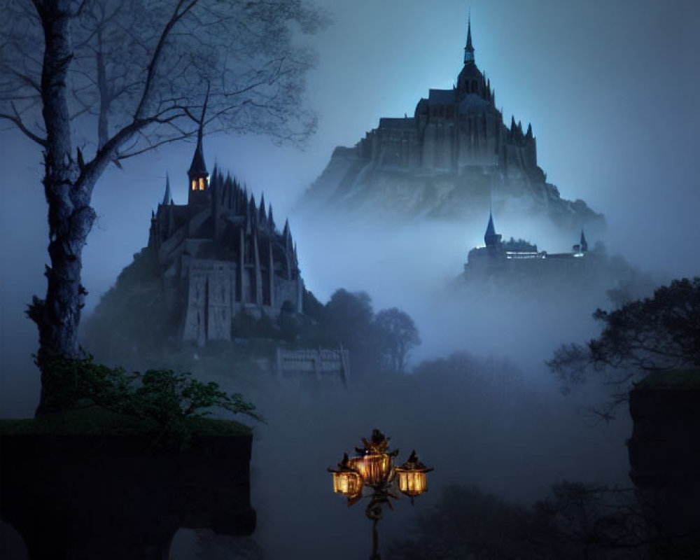 Castle on Misty Hill at Dusk with Silhouetted Trees & Street Lamp