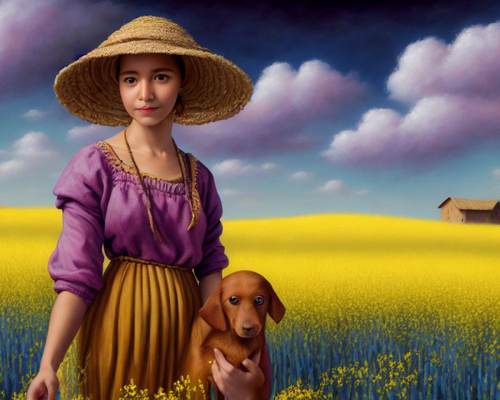 Young woman in straw hat and purple blouse in field with dog and farmhouse.