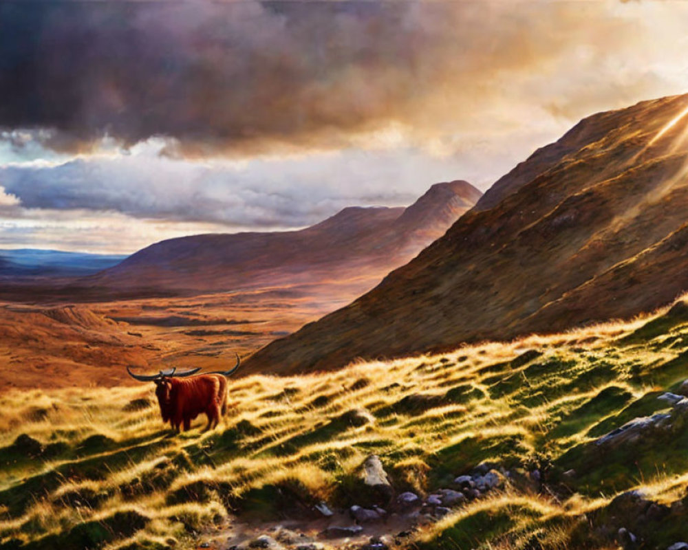 Highland cow on grassy hillside with sunrays and mountain landscape at sunset