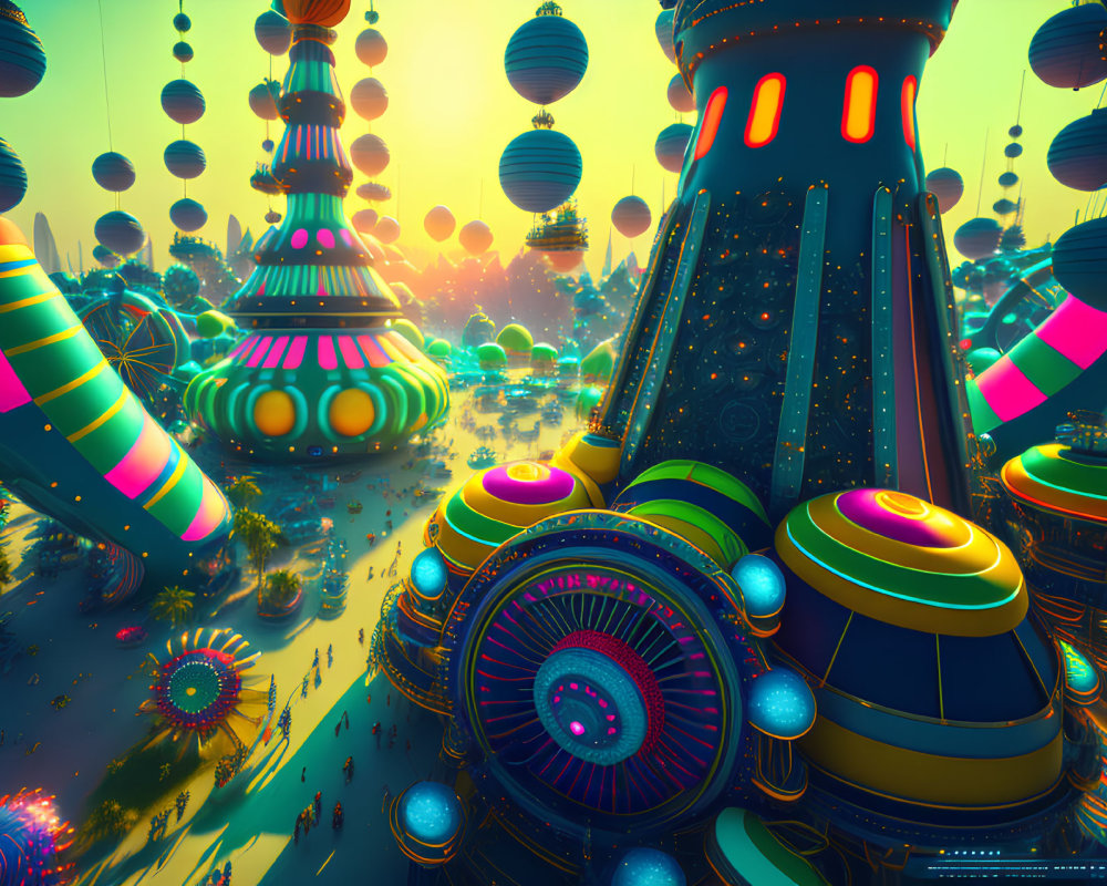 Colorful illuminated skyscrapers in futuristic cityscape with floating orbs on teal sky