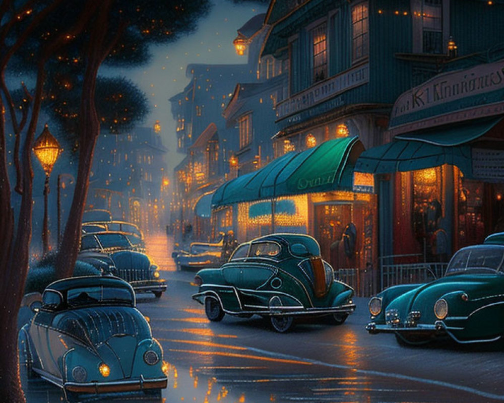 Vintage cars, dim streetlights, wet roads, shop windows' warm glow, and towering trees in