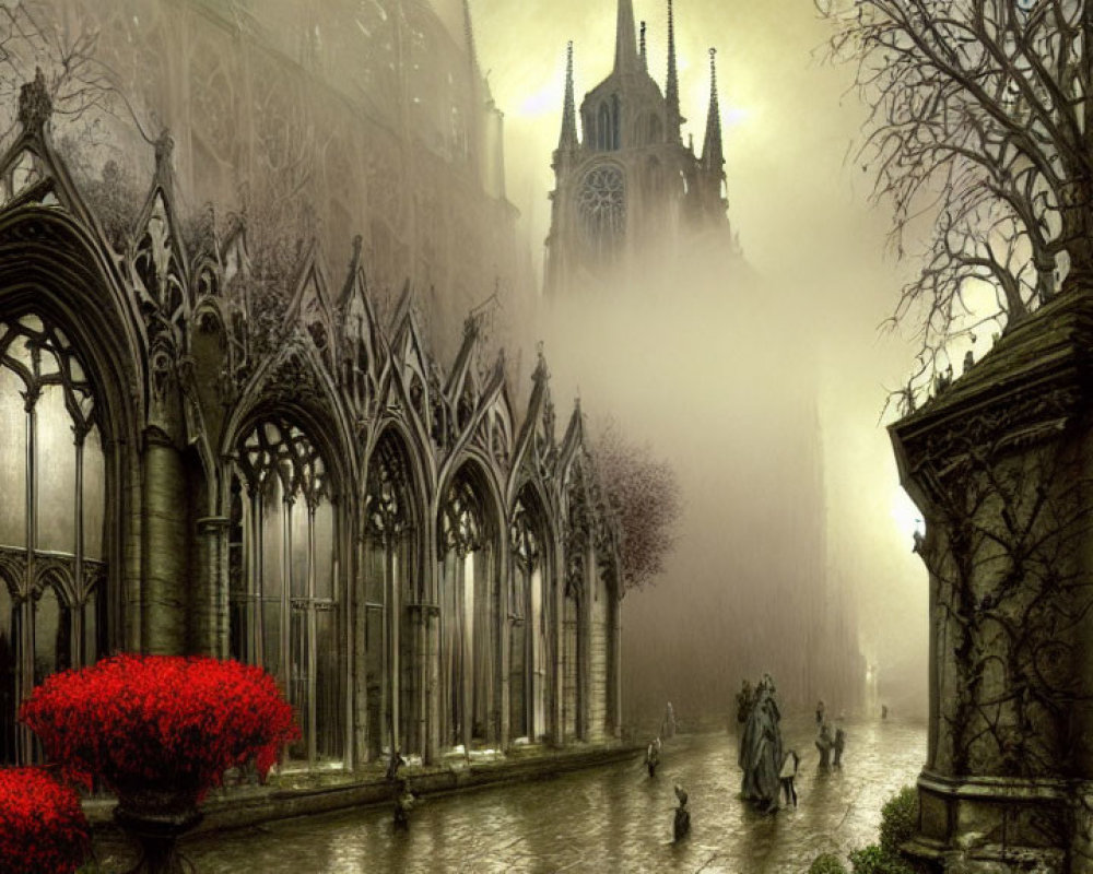 Gothic cathedral ruins with misty atmosphere and red flowers