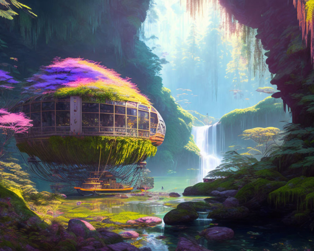 Enchanting treehouse with waterwheel near serene waterfall