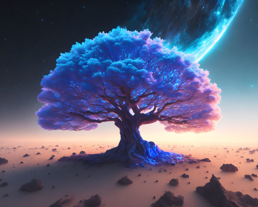 Glowing blue foliage tree in barren landscape under starry sky