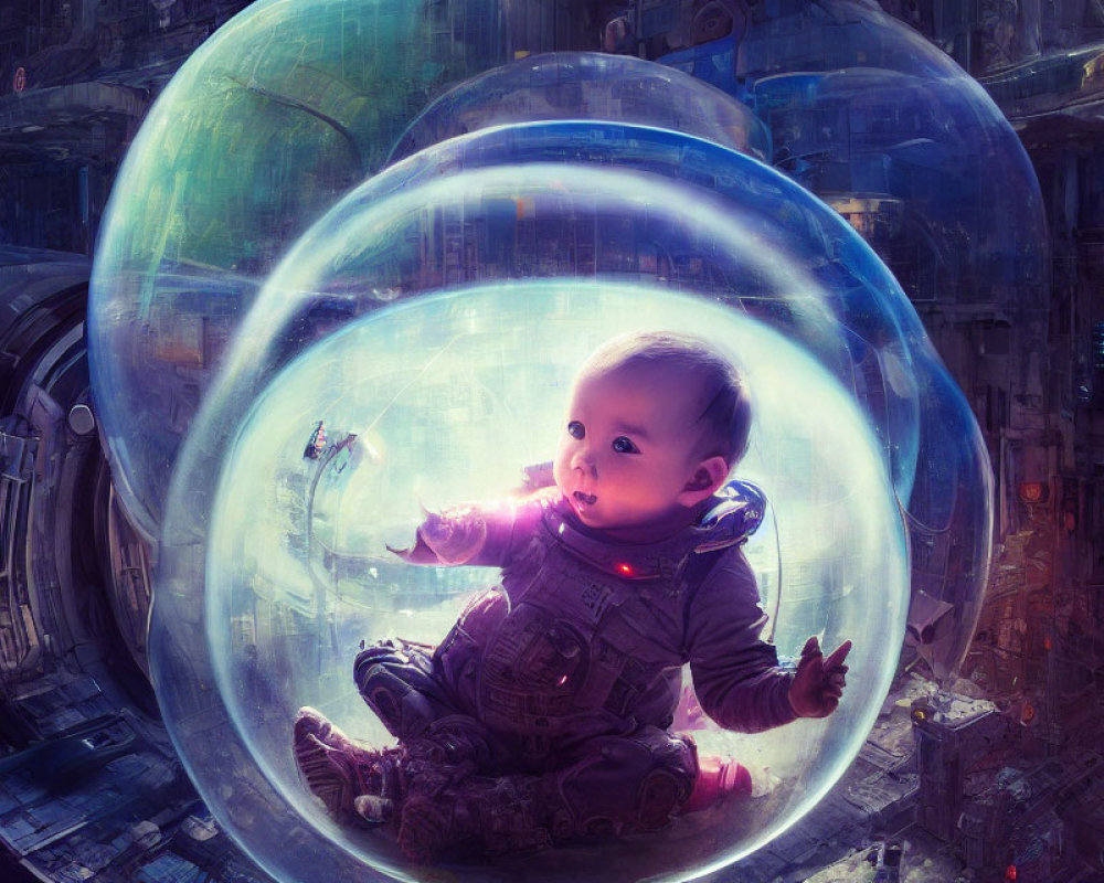 Baby in spacesuit in protective bubble with futuristic cityscape background and tiny spaceship.