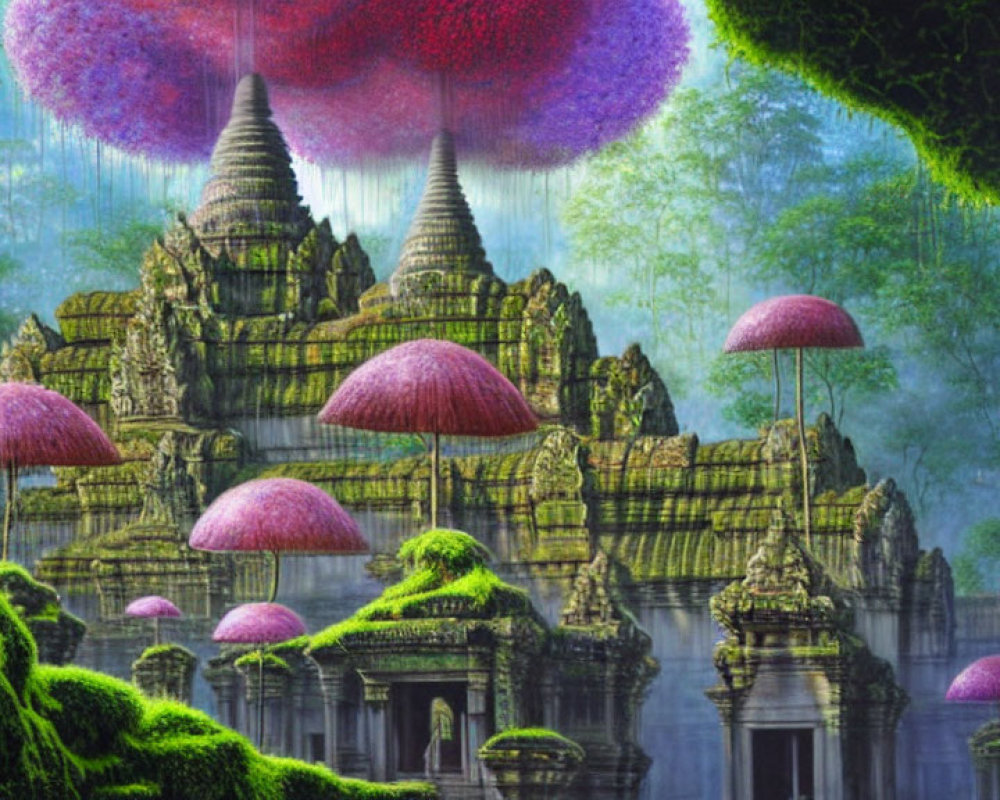 Fantasy temple with greenery, red mushrooms, and pink foliage in misty setting