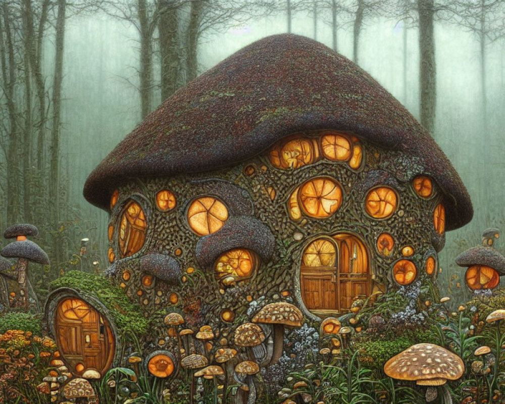 Whimsical mushroom-shaped cottage in misty forest