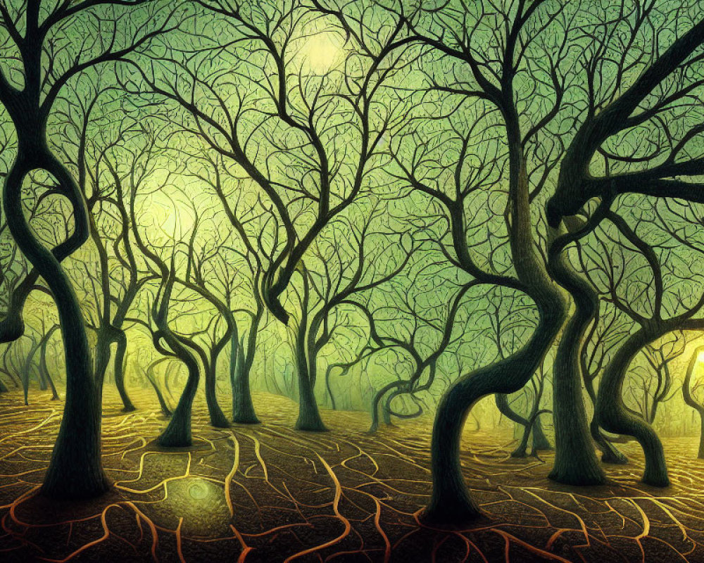 Mystical Forest with Twisting Trees and Glowing Paths