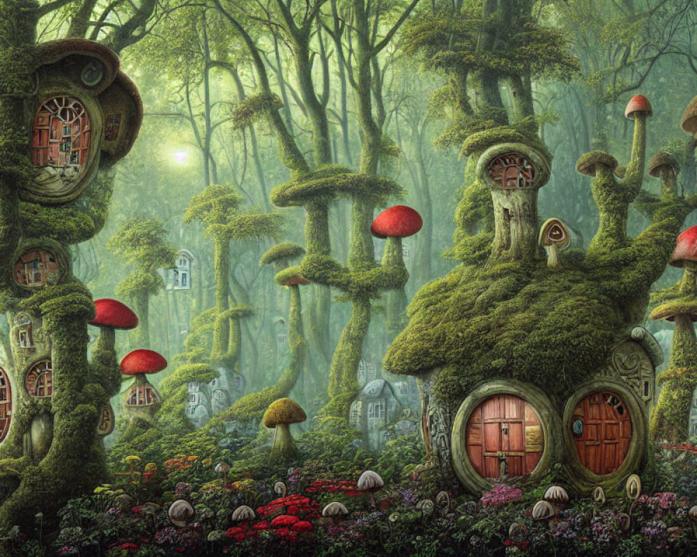 Whimsical treehouses and glowing mushrooms in enchanted forest