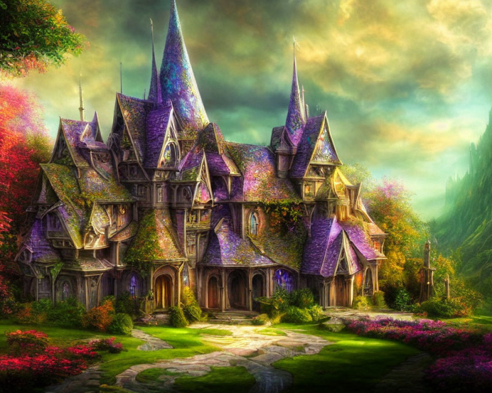 Colorful Fantasy Castle Surrounded by Vibrant Garden and Mystical Forest