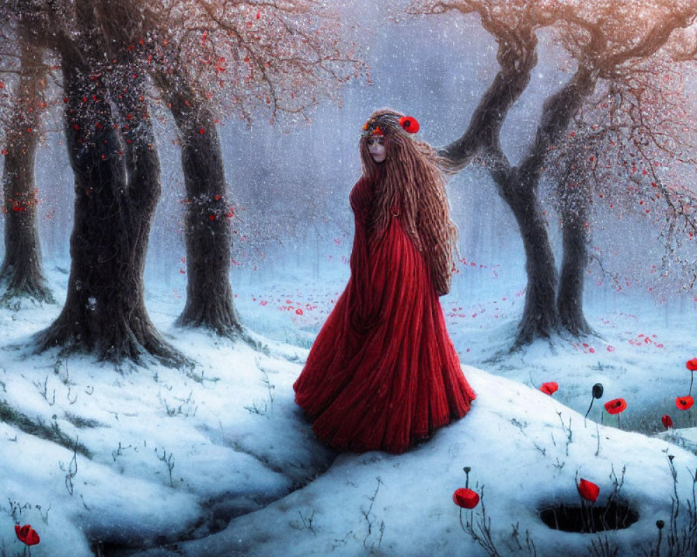 Mystical figure in red cloak among snow-covered trees with red flowers