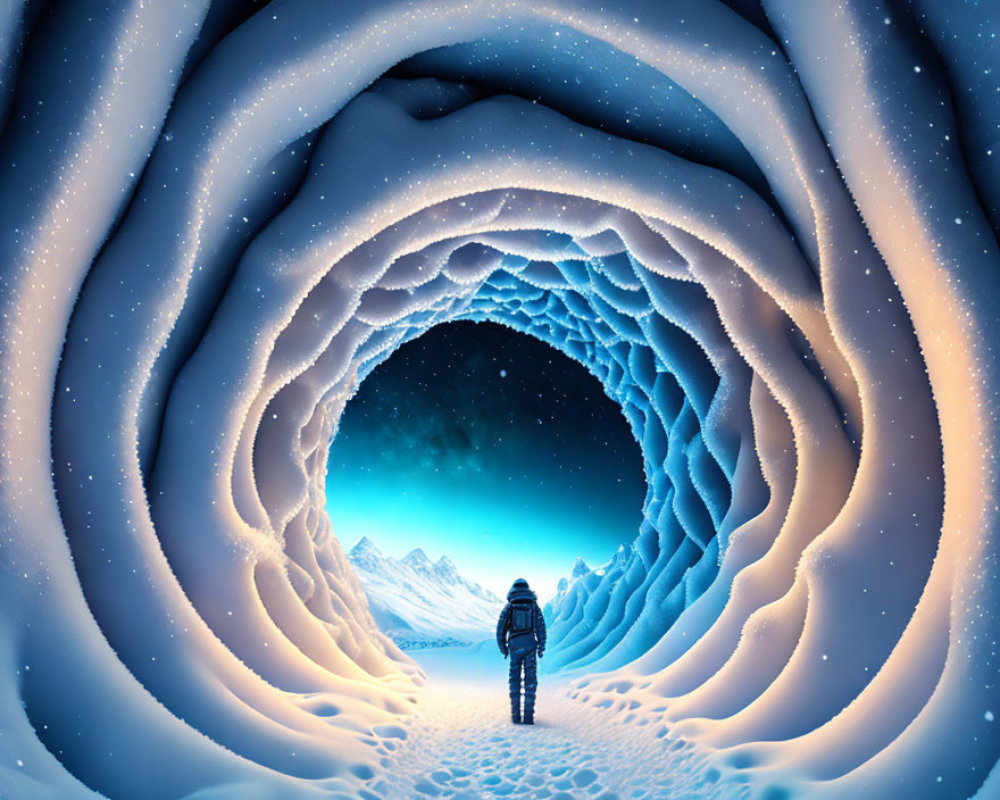 Person at Glowing Ice Cave Entrance with Starry Sky & Winter Landscape