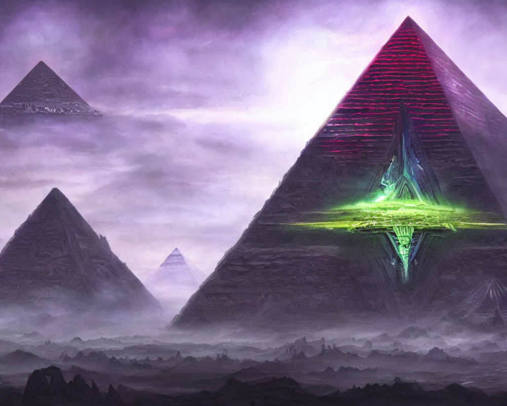 Futuristic landscape with glowing pyramids under purple sky