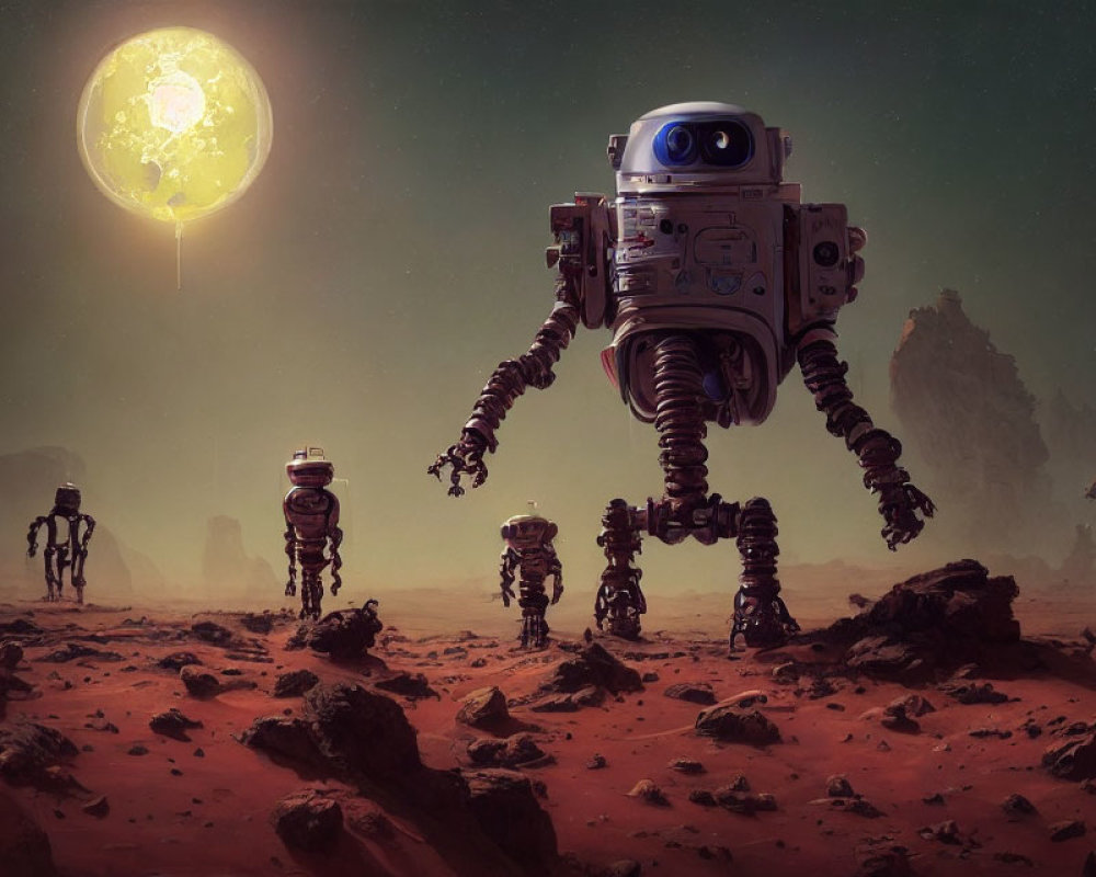 Group of robots traversing rocky Martian landscape under large moon