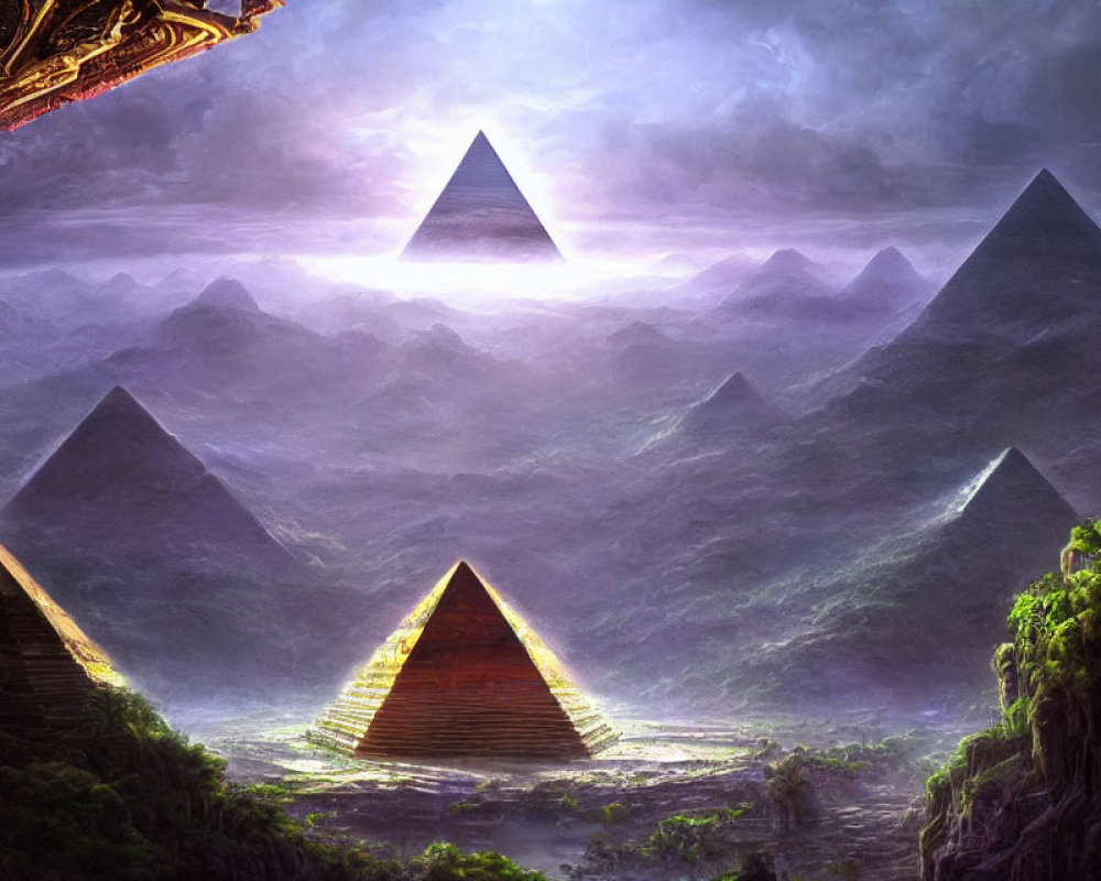 Fantastical illuminated pyramids in misty mountain landscape