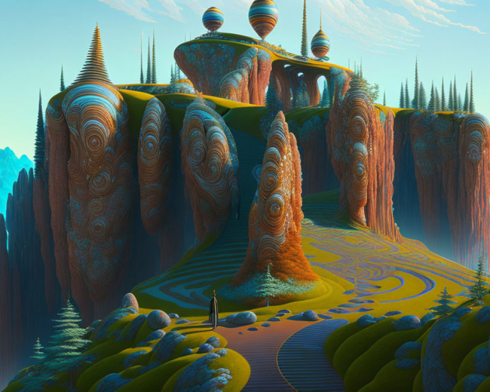 Vibrant surreal landscape with patterned spires and vibrant vegetation