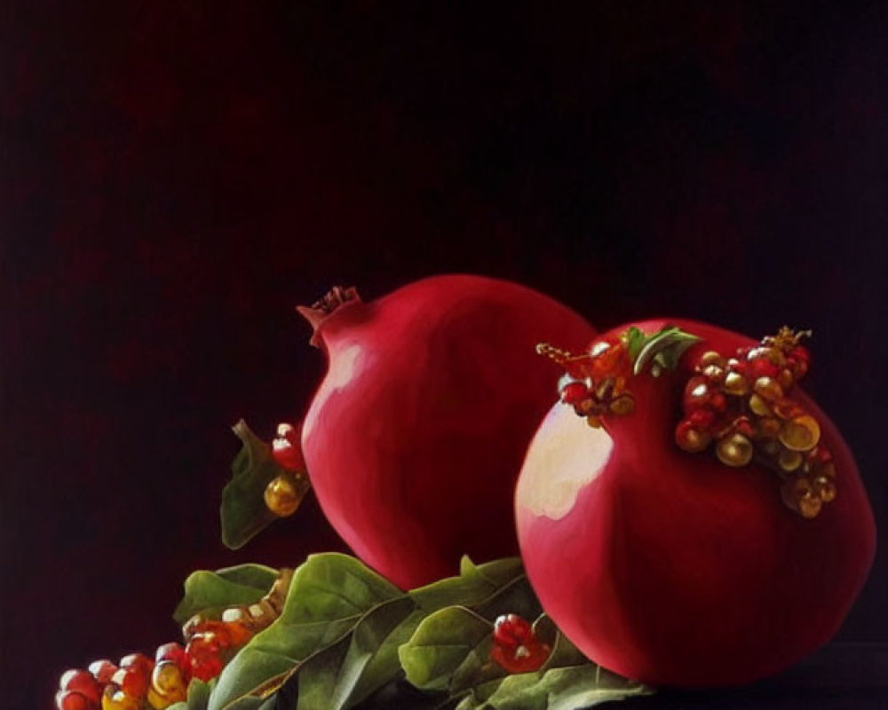 Ripe pomegranates, red currants, and green leaves on dark background