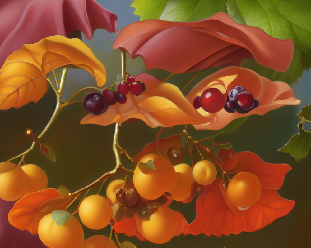 Colorful depiction of red cherries and golden berries on lush green branches.