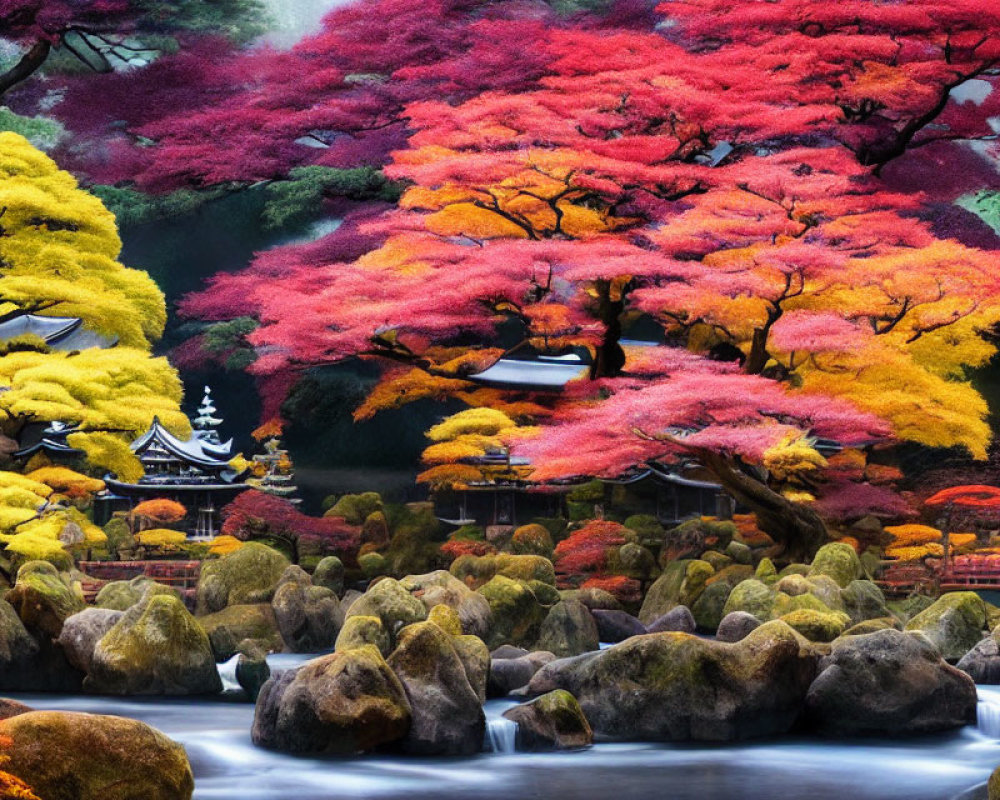 Tranquil Japanese garden with stream, colorful trees, mossy rocks, and pagoda