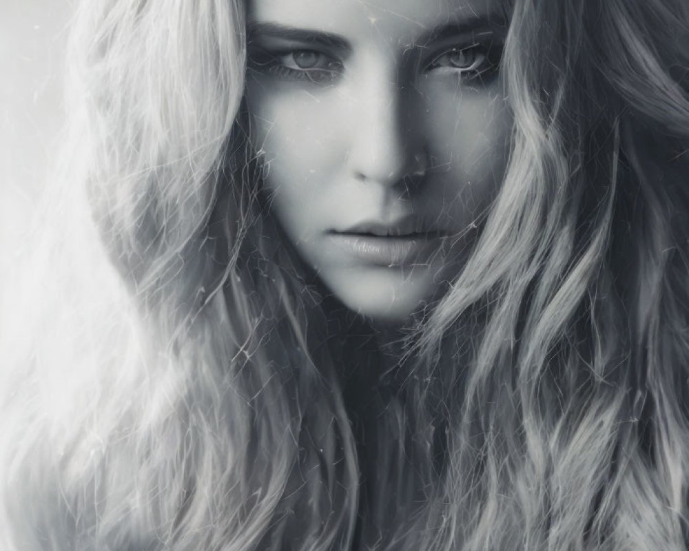 Monochromatic portrait of woman with long wavy hair and intense gaze