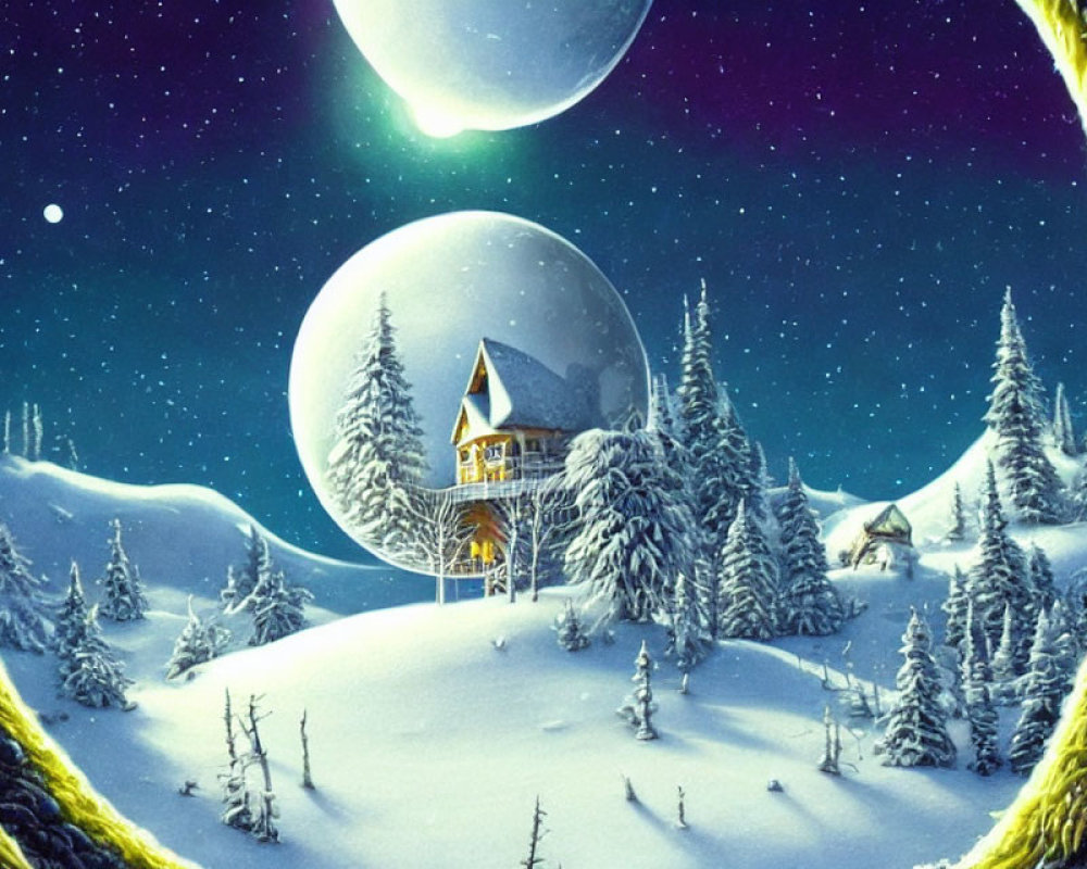 Winter scene with cozy house, snowy trees, and surreal night sky.