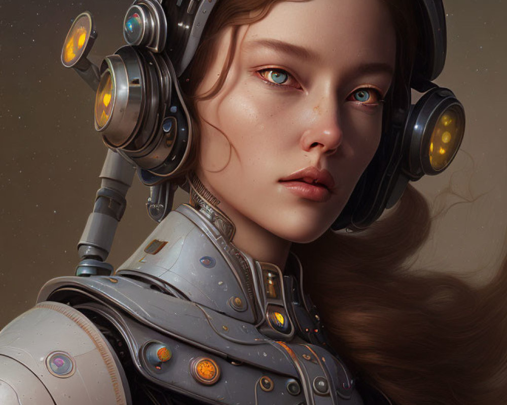 Futuristic digital artwork of a woman with illuminated armor and headphones