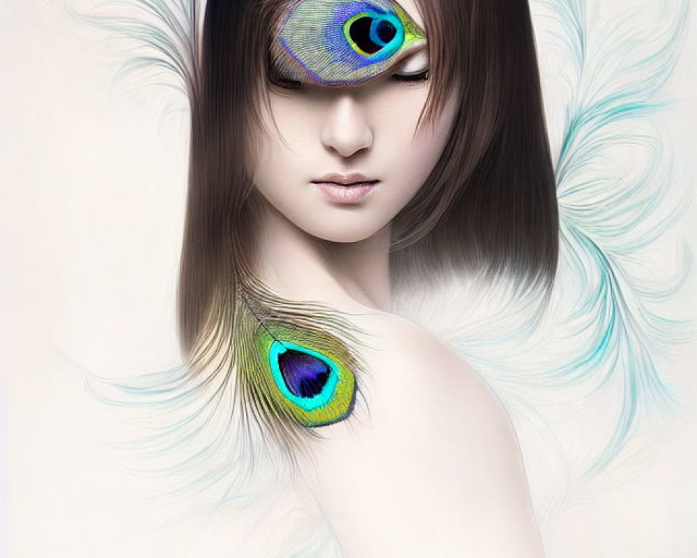 Surreal portrait of woman with peacock feather on light background