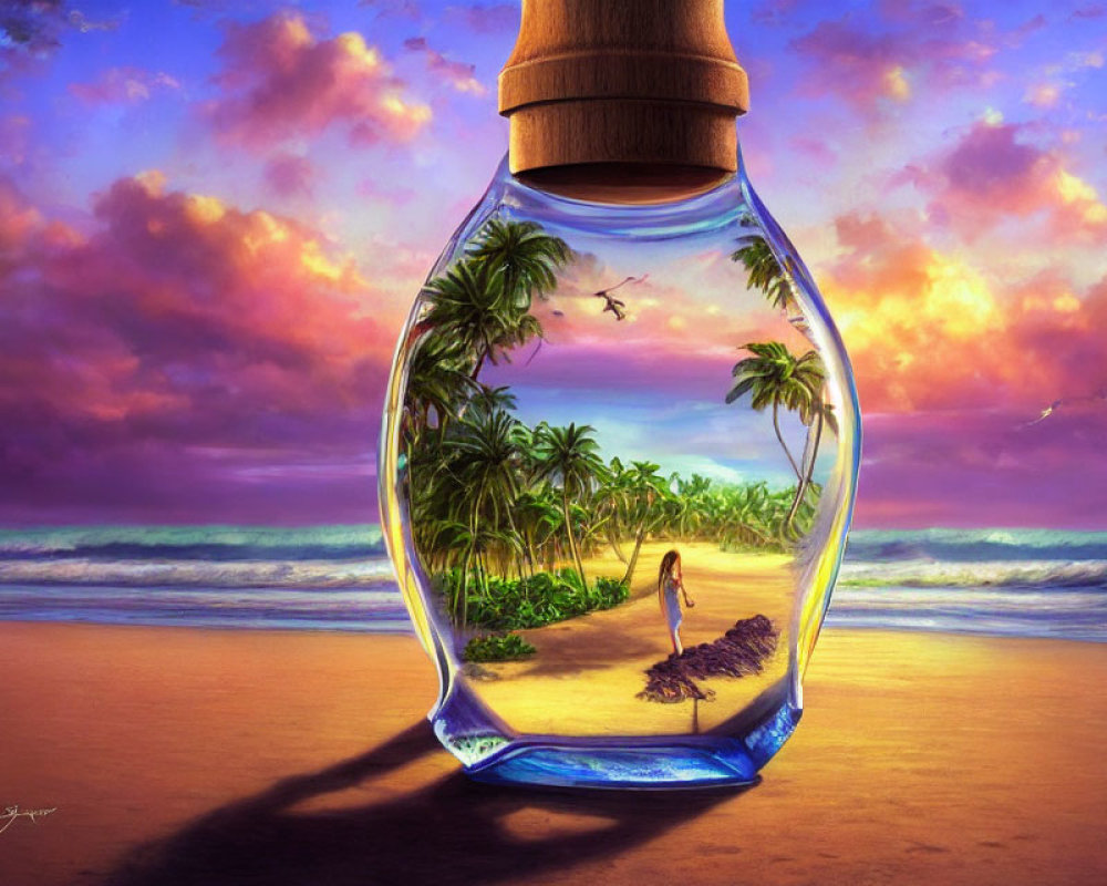 Surreal beach scene with glass bottle framing sunset and lone figure