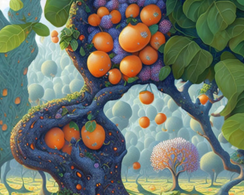 Colorful whimsical tree illustration with orange fruits and purple accents in a dreamlike landscape