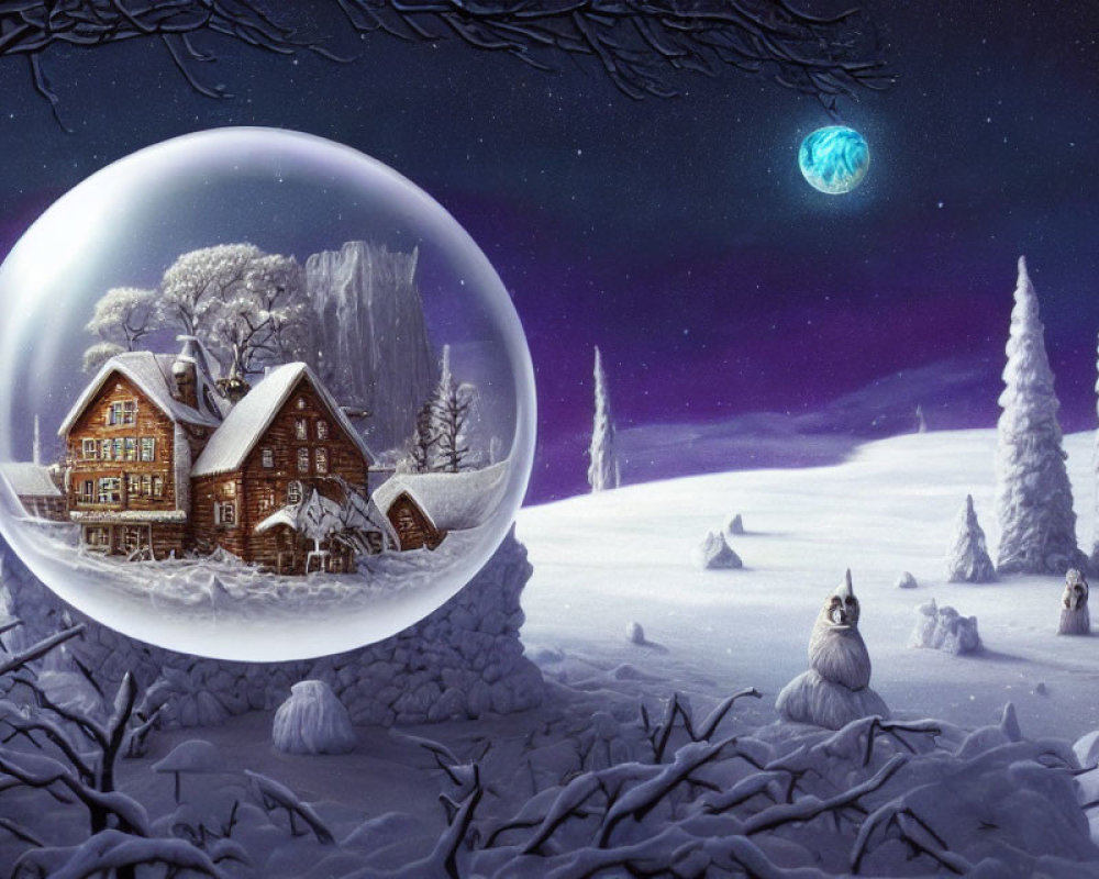 Snowy Night Scene: Cozy Cabin in Transparent Sphere, Moonlit Landscape