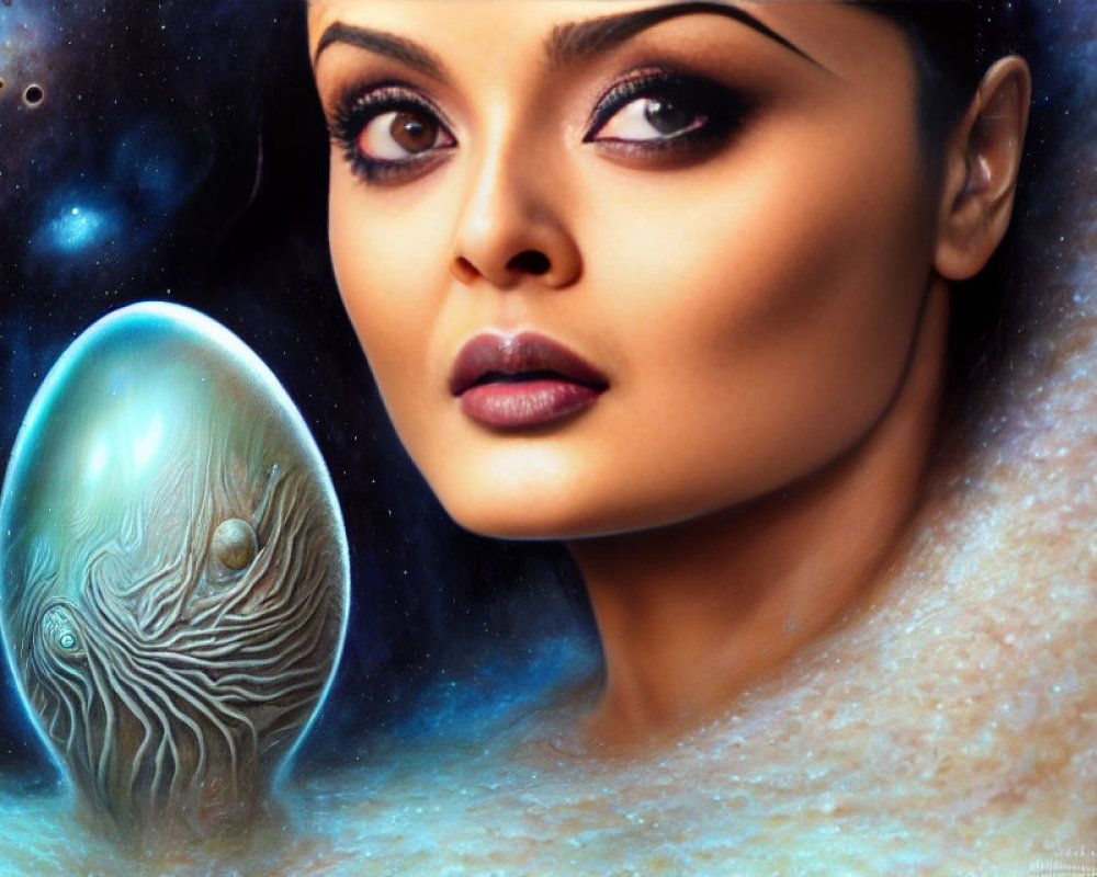 Woman with Striking Eyes Beside Cosmic Egg in Galactic Setting