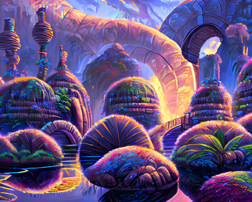 Fantasy Landscape with Mushroom Structures and Glowing Archway