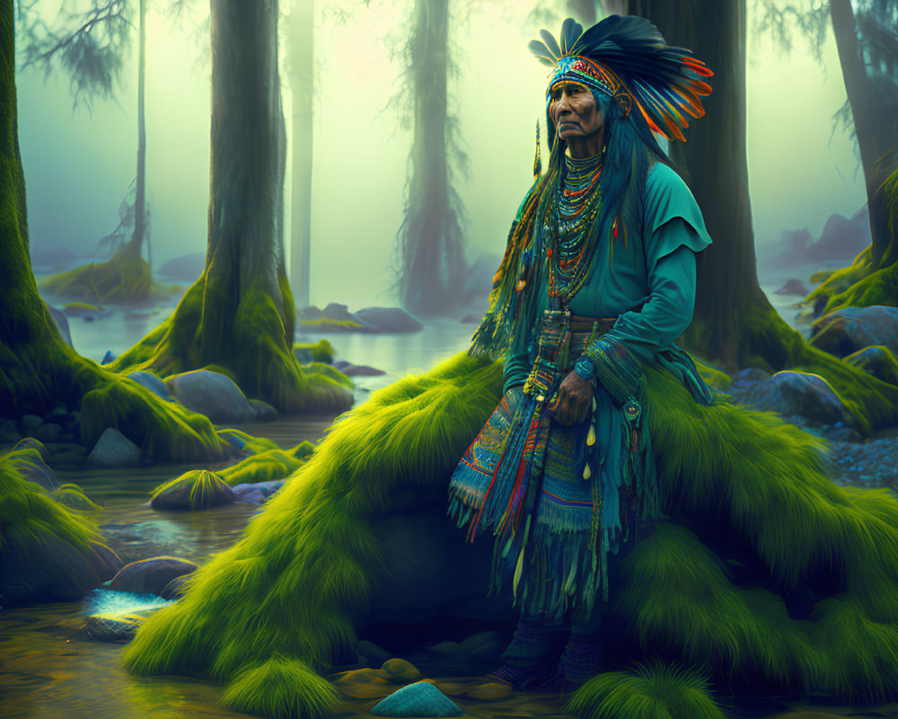 Indigenous person in traditional attire with feather headdress in misty forest