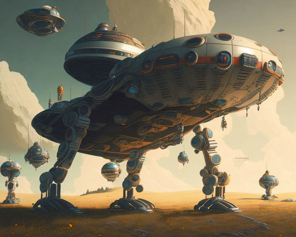 Various-sized spaceships with legs on futuristic planet with pale-yellow sky