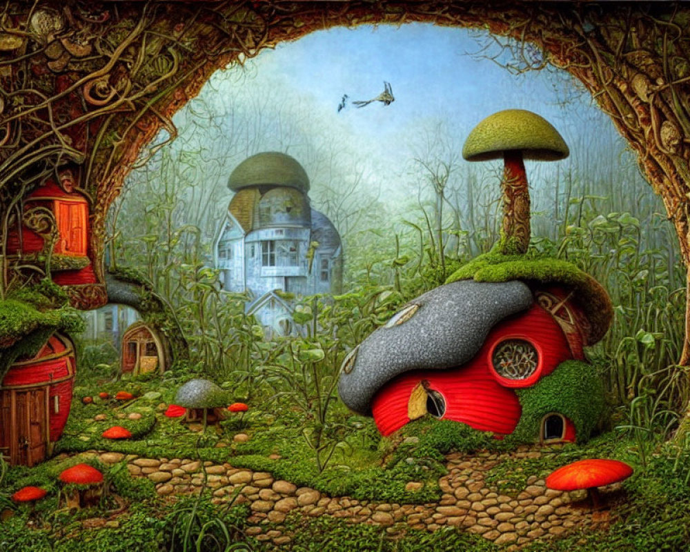 Whimsical forest scene with mushroom houses and flying insect