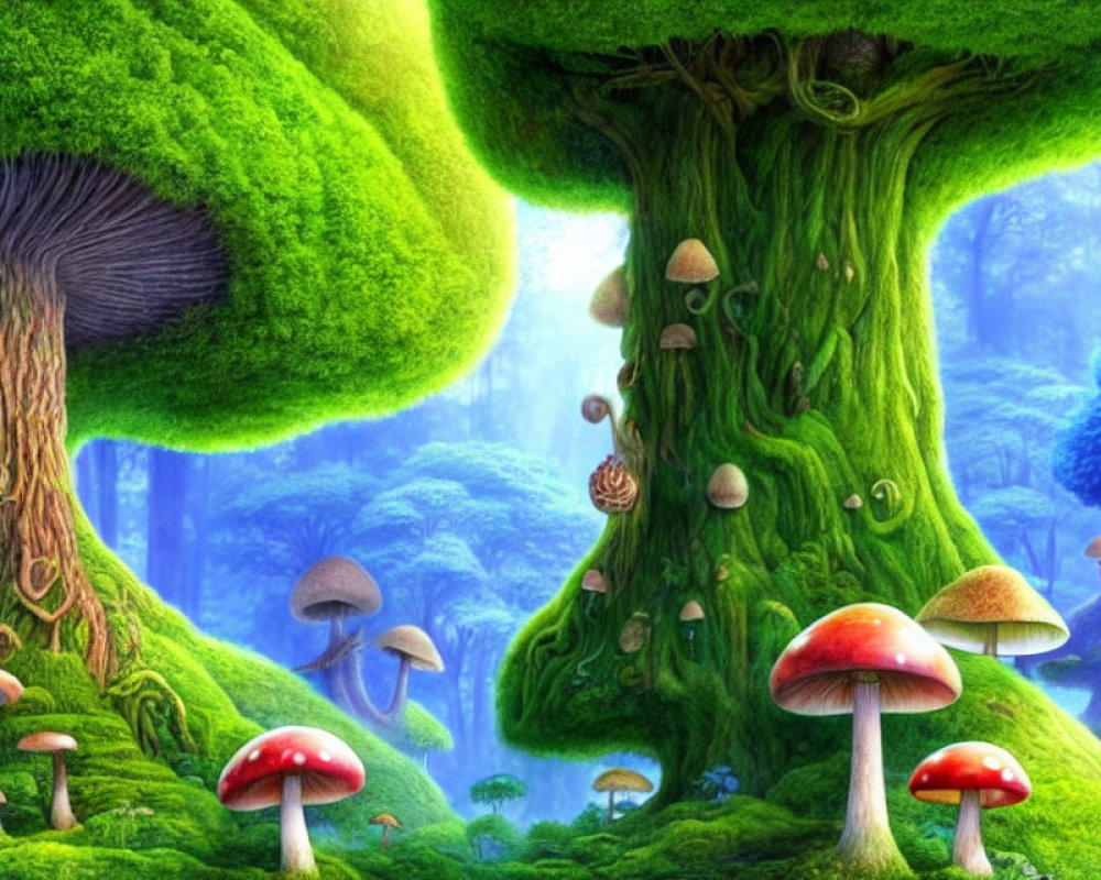 Colorful Animated Forest Scene with Oversized Mushrooms and Lush Green Trees