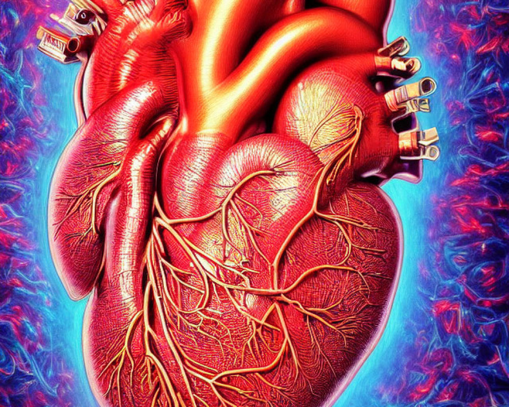 Detailed Human Heart Illustration on Textured Blue and Purple Background