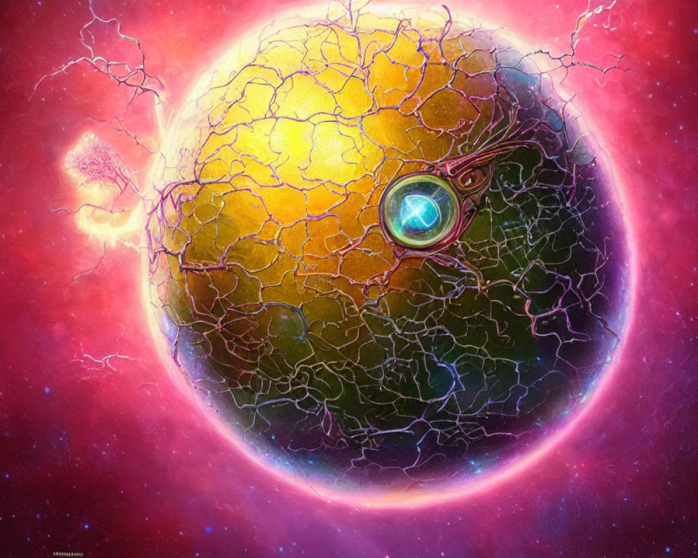 Colorful Digital Artwork: Cracked Sphere with Celestial Illumination