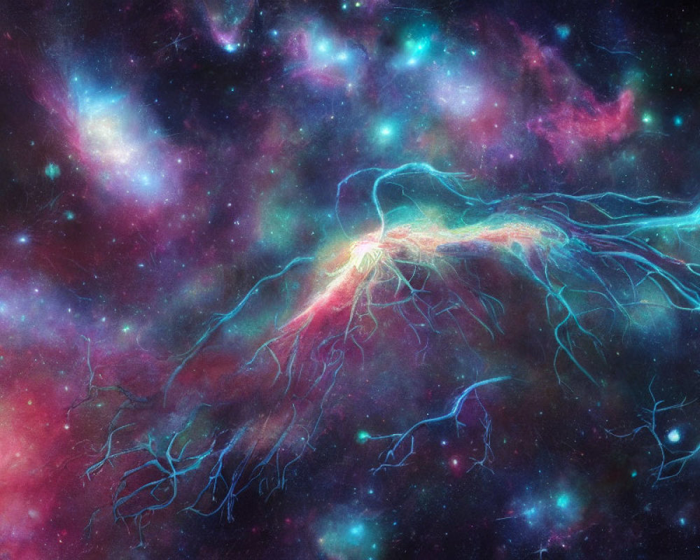 Colorful cosmic scene: neuron-like nebula amid interstellar clouds