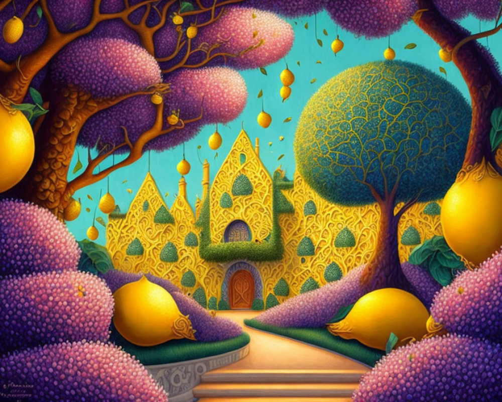 Fantastical landscape with purple trees and golden fruit