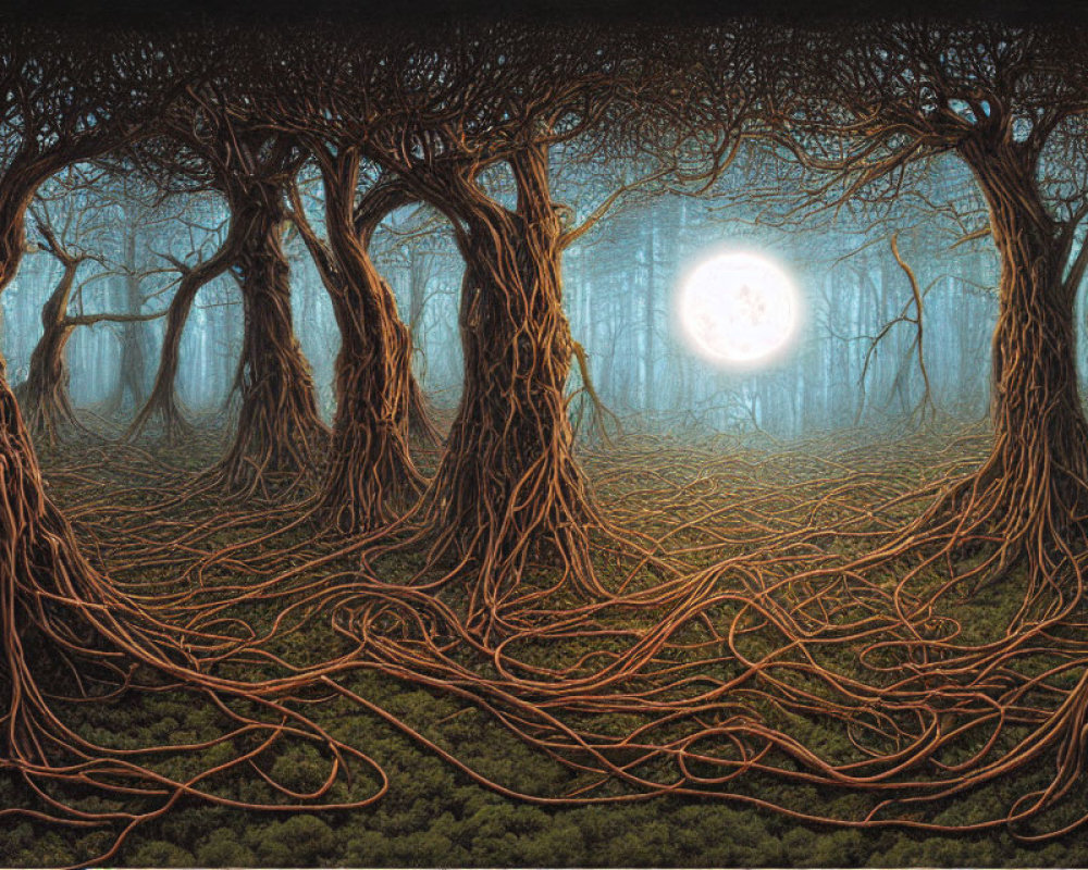 Mystical forest scene with glowing moon in misty background