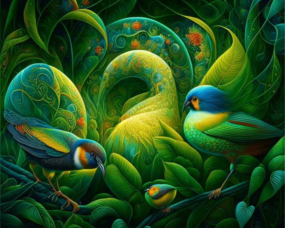 Colorful bird painting with intricate patterns in lush foliage and whimsical swirls