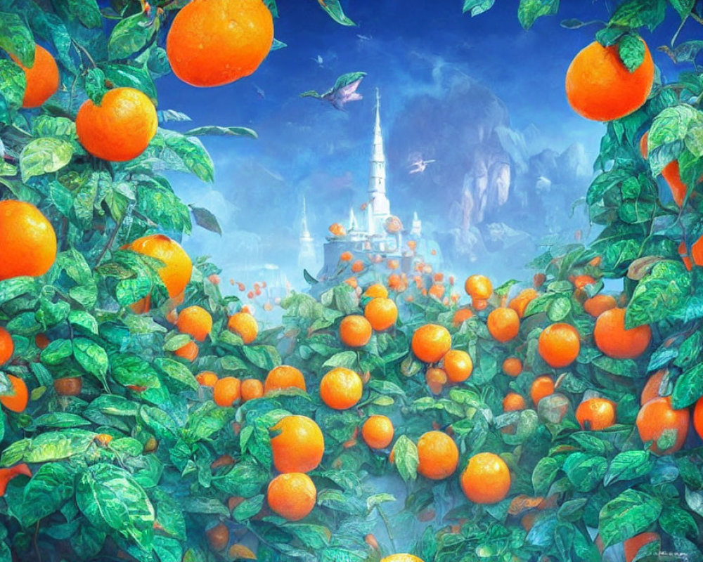 Fantastical landscape with orange trees and misty castle.