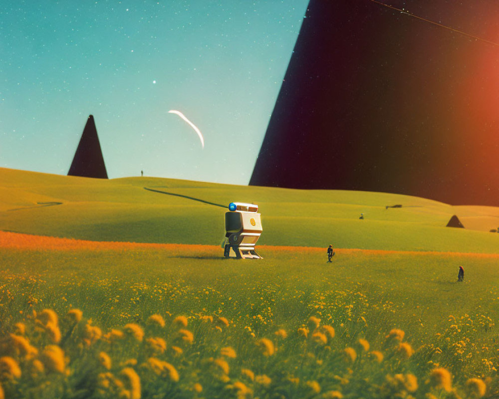 Vibrant green hills, yellow flowers, black monoliths, robot figure, comet in surreal