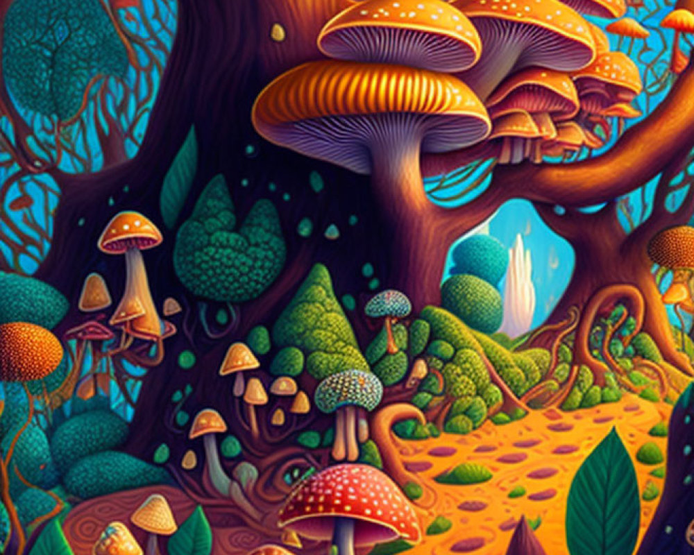 Colorful stylized mushroom forest under orange and blue sky