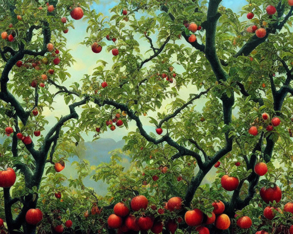 Vivid painting of lush apple trees with red apples and distant mountains