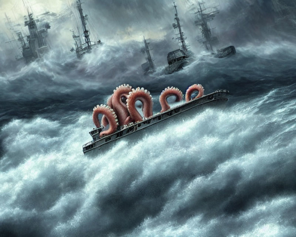 Stormy Sea Scene with Giant Octopus Tentacles