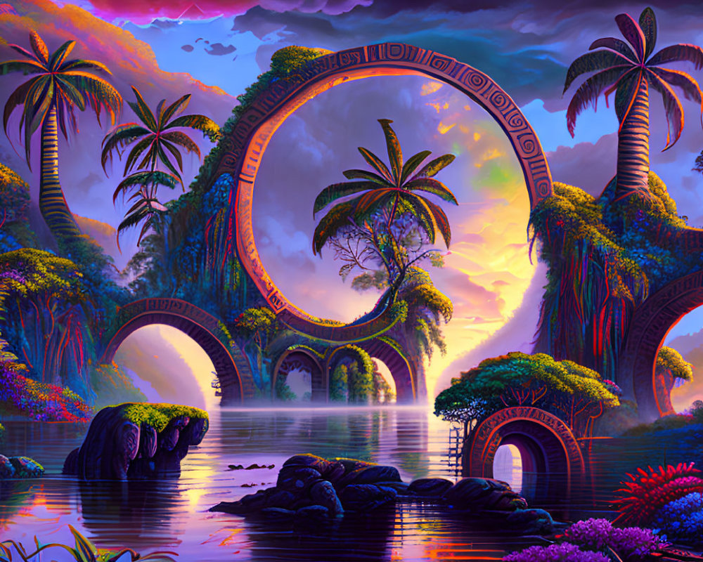 Colorful Fantasy Landscape with Looping Bridges and Serene Water Body