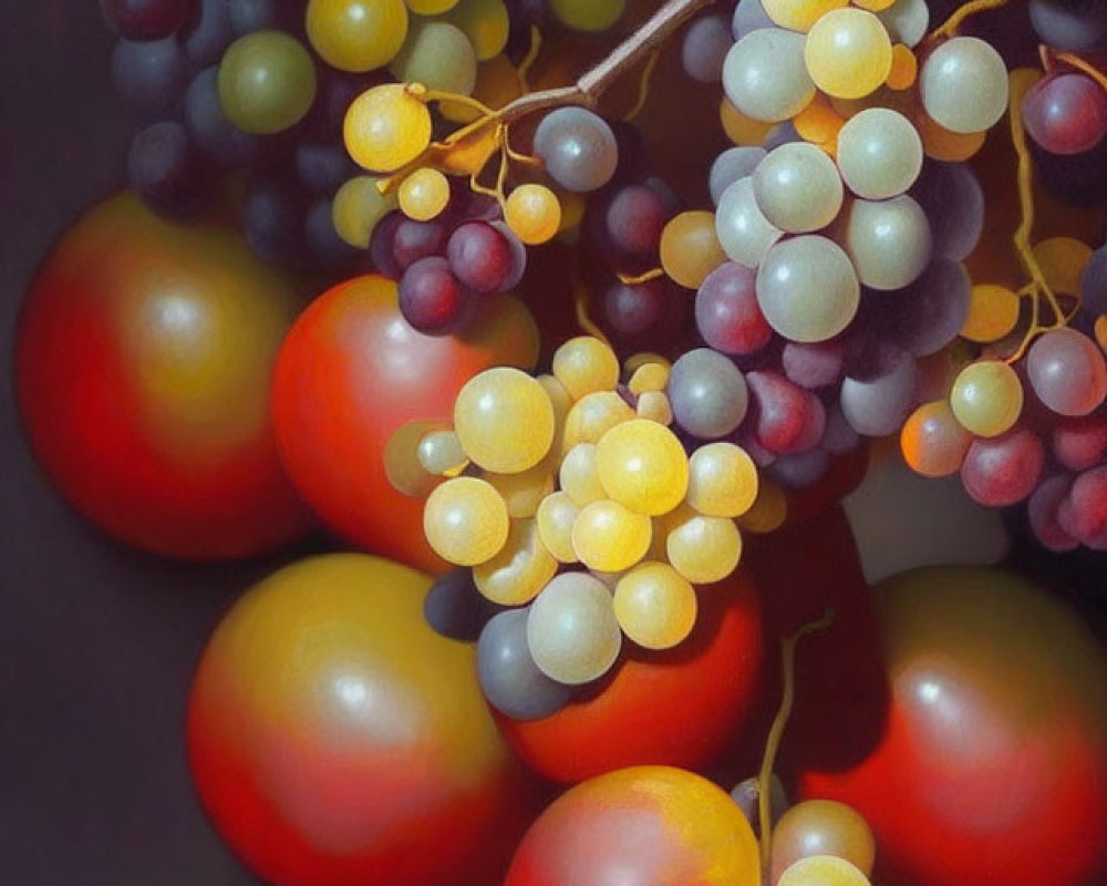 Vibrant still life painting of grapes and apples on dark background