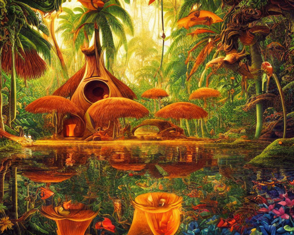 Colorful jungle scene with mushroom houses and reflective water in dense forest